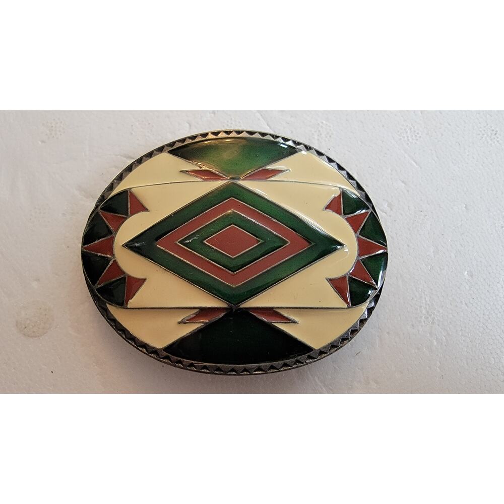 Vintage Southwestern Geometric Diamond Enamel Inlay Brass Belt Buckle